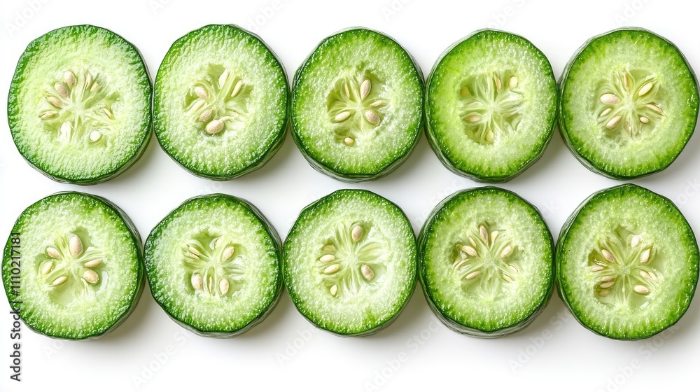 Aufkleber slices of fresh green cucumber arranged in a line isolated on a white background showcasing texture and seeds in each slice