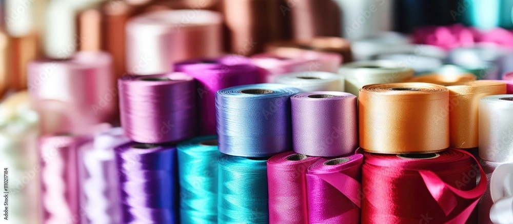 Poster Colorful spools of thread arranged in a vibrant display showcasing various shades and textures ideal for crafting and sewing projects.