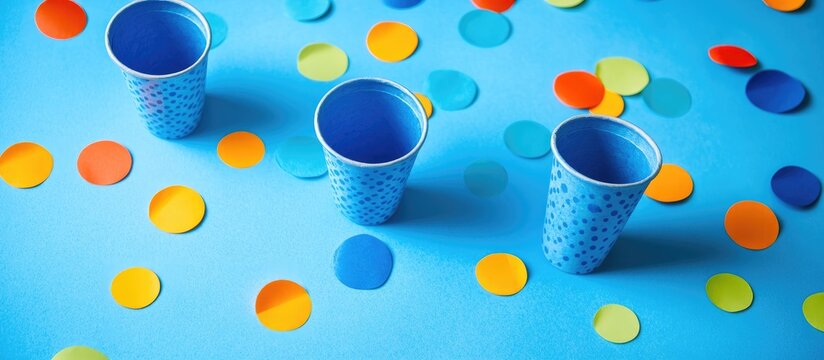 Festive vibrant background with colorful confetti and paper cups on a soft blue backdrop ideal for joyful celebrations and party themes
