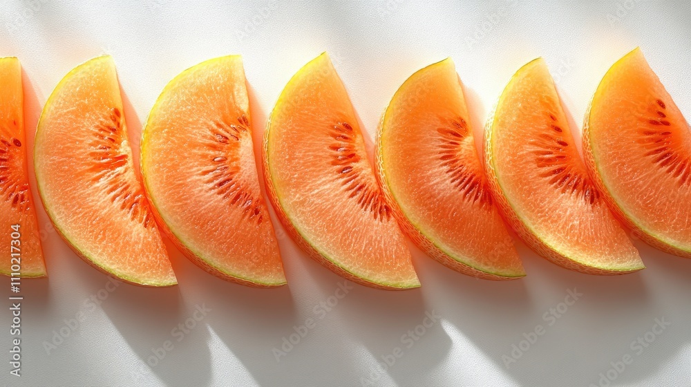 Poster freshly sliced melon pieces arranged neatly on a white surface showcasing vibrant colors and texture