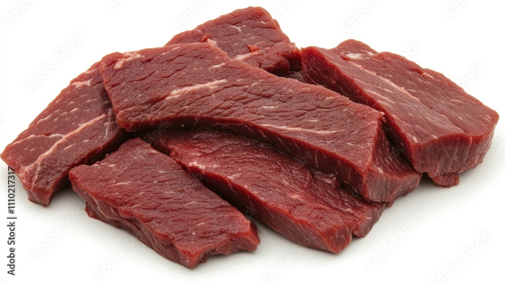 Poster fresh raw beef steak slices on a white background ideal for culinary and food preparation concepts.