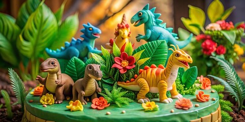 Naklejka premium A Whimsical Dinosaur-Themed Cake Surrounded by Vibrant Jungle Elements and Playful Dinosaurs, Perfect for a Children's Birthday Celebration or a Unique Dessert Table Setting