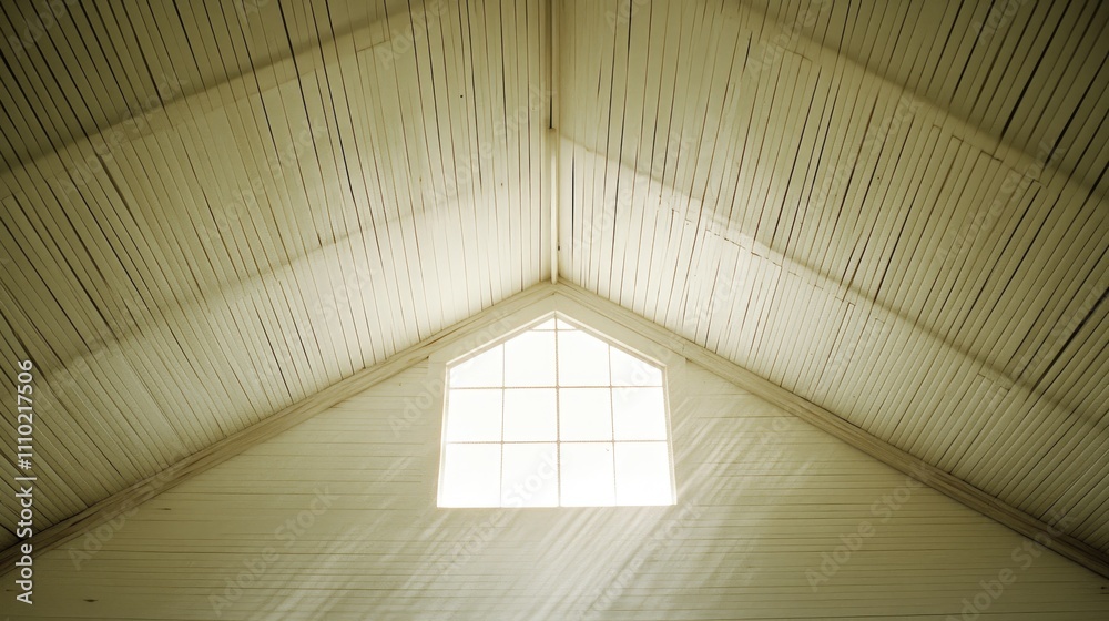Poster freshly painted white ceiling in a new home showcasing natural light streaming through a triangular 