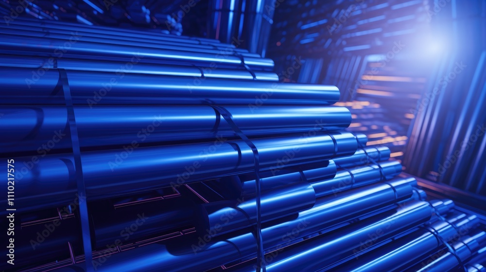 Poster steel pipes illuminated by blue light creating a modern industrial background with a futuristic aest