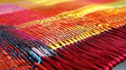 Vibrant close-up of woven fabric texture highlighting the intricacies of yarn in rich colors and patterns.