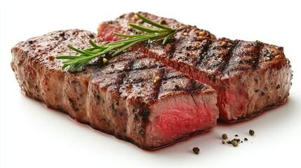 Grilled steak with herbs showcasing juicy texture and grill marks on a white background perfect for food marketing and culinary themes