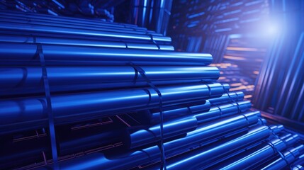 Fototapeta premium Steel pipes illuminated by blue light creating a modern industrial background with a futuristic aesthetic and depth of field effects.