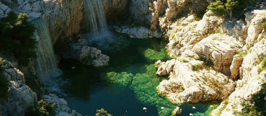 Aerial view of a tropical waterfall cascading over a white cliff into a serene emerald pool surrounded by rocky terrain and lush vegetation
