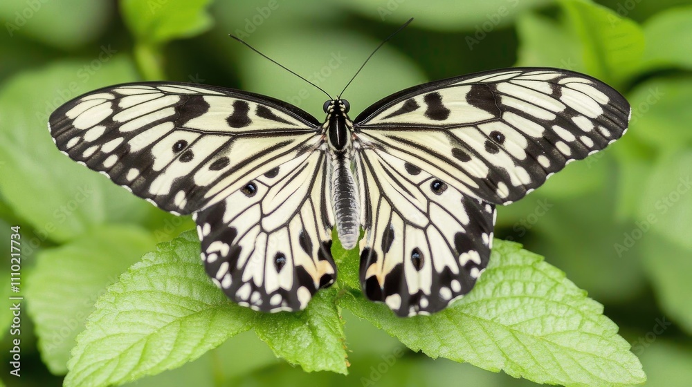 Poster delicate butterfly perched gracefully on vibrant green leaf in natural setting showcasing its intric