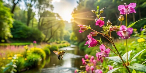 Beautiful Himalayan Balsam Plant with Bee by a Tranquil Stream in England, Showcasing Nature's Harmony and Biodiversity in a Serene Landscape