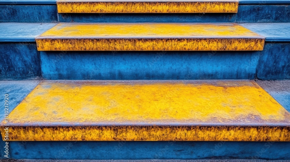 Poster rustic steel staircase with vibrant yellow steps and textured blue background creating an industrial