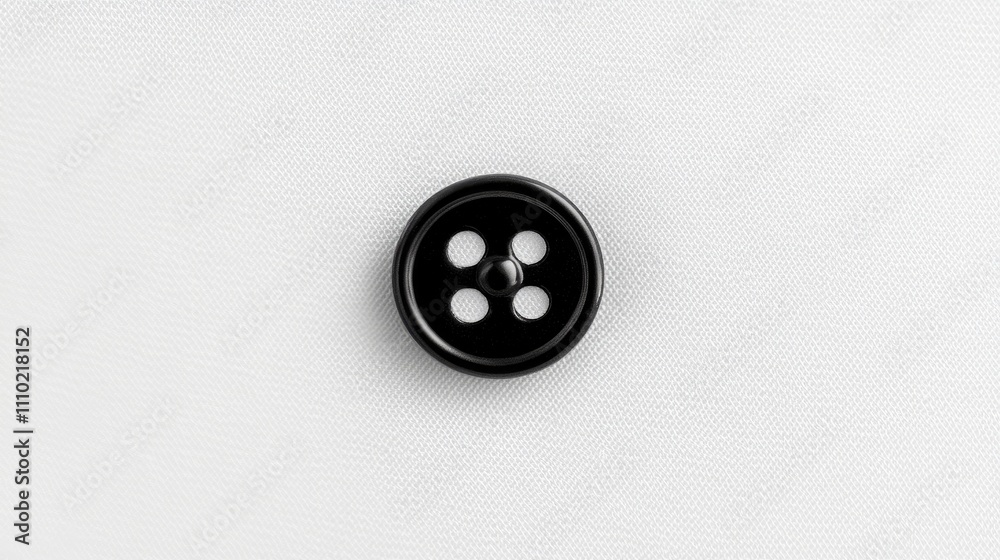 Poster black button with four holes on a clean white fabric background showcasing sewing and crafting theme