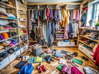Before and After Closet Organization: Tidy vs Untidy Wardrobe Showcasing Decluttered Outfits and Accessories in a Messy Urban Exploration Setting