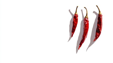 Three dried red chilies arranged on a white background perfect for culinary themes and creative designs