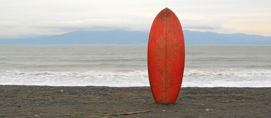Surfboard standing tall on a tranquil secluded beach with gentle waves and mountains in the background creating a serene coastal atmosphere
