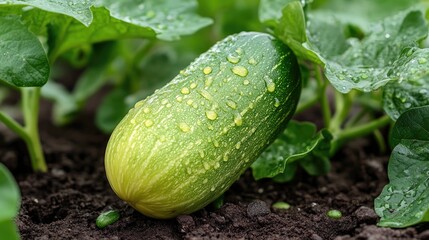 Obraz premium Fresh cucumber with droplets on a textured surface surrounded by lush green leaves in an organic garden setting.