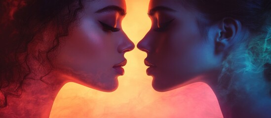Two young women with contrasting lighting and expressions captured in a close profile silhouette against a vibrant colorful background