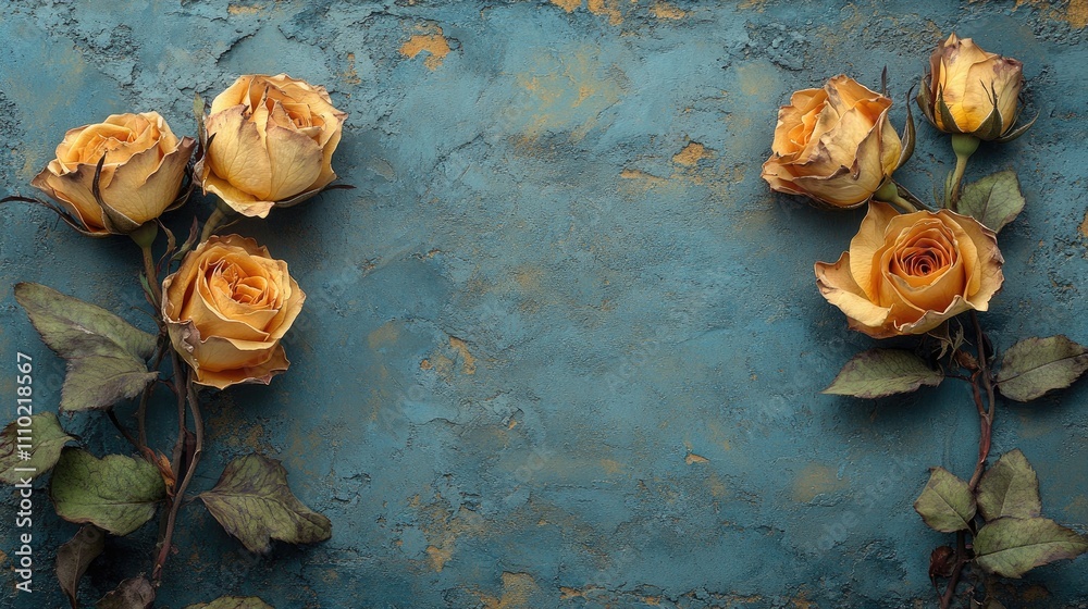 Poster dried yellow roses elegantly arranged on a textured concrete background displaying vintage charm and