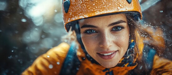 Adventurous young woman smiling while riding a zipline in a scenic adventure park wearing a safety helmet during an exciting outdoor experience