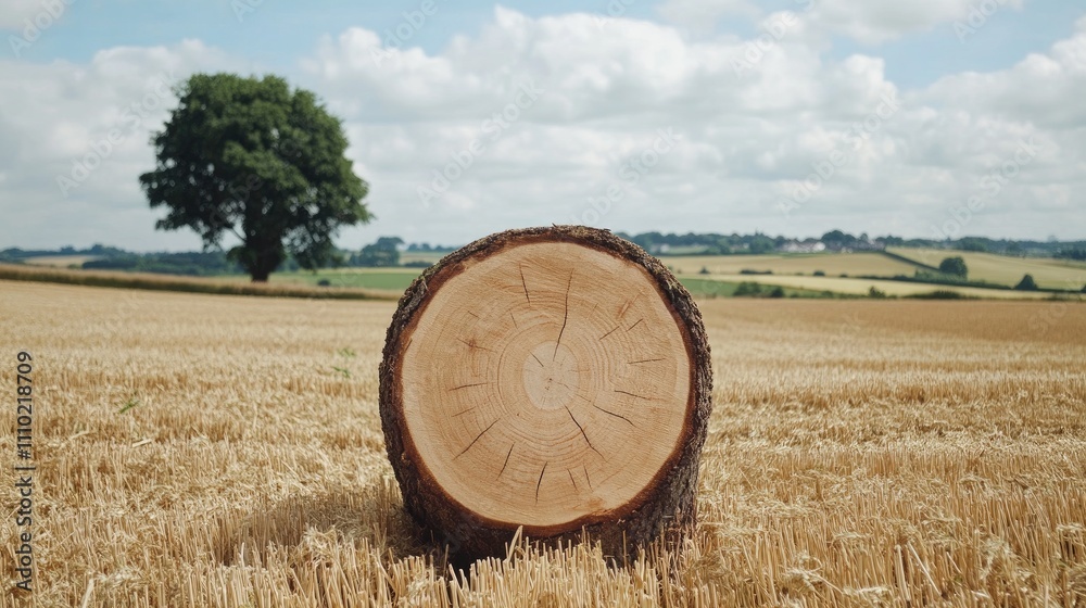 Poster sawn tree trunk in a picturesque rural landscape with rolling hills and a solitary tree in the backg