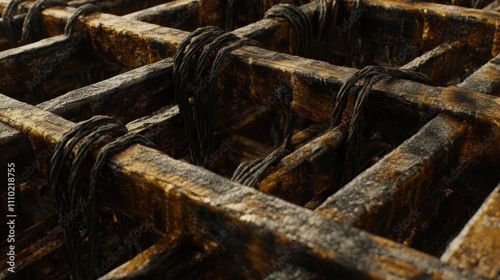 Poster rusty metal bars intertwined with worn wires in a close-up industrial setting showcasing textures an