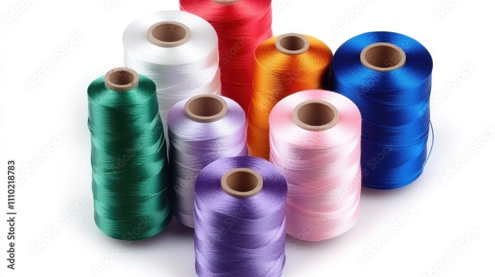 Poster multicolor spools of sewing thread arranged on a white background showcasing a variety of vibrant co