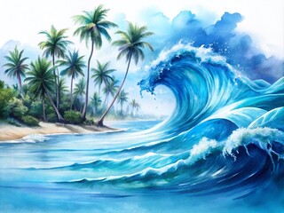 Fototapeta na wymiar Blue Waves Tropical Sea Illustration: Long Exposure Watercolor Abstract with Brushstrokes, Splashing Water Texture on a Rough Natural Background for Artistic and Coastal Designs