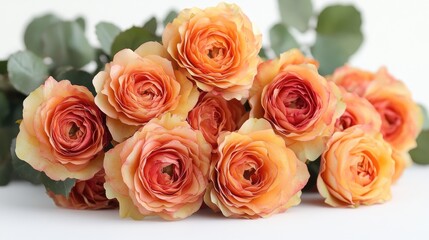 Obraz premium Delicate orange rose bouquet with lush greenery on a soft white background showcasing elegance and beauty in floral arrangements.