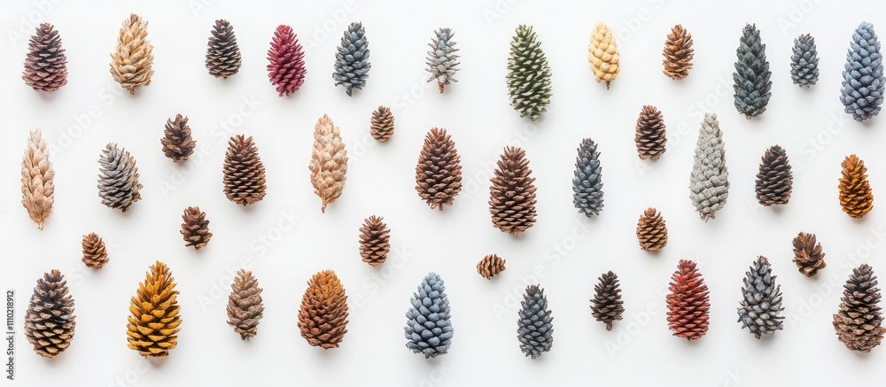 Poster assorted pine cones arranged on a white background showcasing various colors and textures for natura