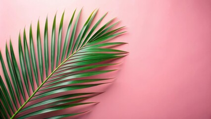 Fototapeta premium A single palm leaf frond with vibrant green hues against a soft pink background, showcasing nature's beauty and minimalist design.