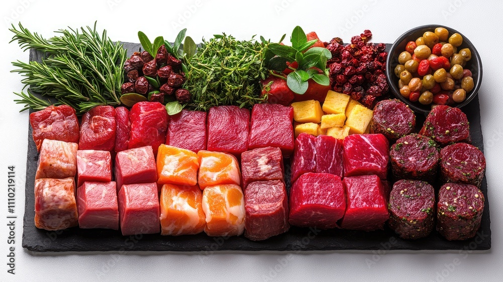 Poster assorted premium meat cuts and fresh herbs displayed on a slate platter with fruits and olives on a 