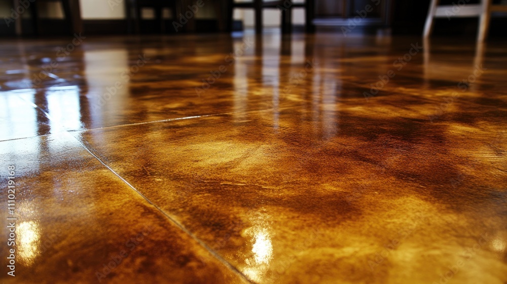 Poster weathered rustic concrete floor with rust stains and glossy finish in interior setting