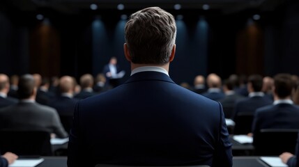 A man in a suit is standing in front of a crowd of people