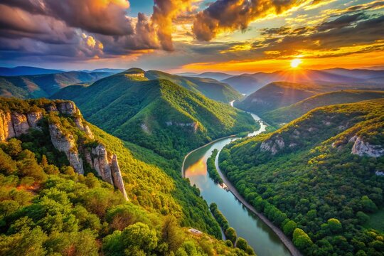 Breathtaking Aerial View of Ovcar-Kablar Gorge and the West Morava River in Serbia from Kablar Mountain's Summit, Showcasing Nature&rsquo;s Splendor and Scenic Beauty