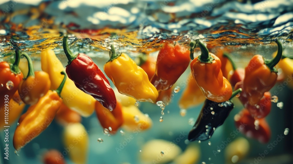 Poster Colorful peppers splashing into water creating dynamic bubbles and ripples showcasing freshness and vibrancy in culinary photography
