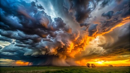 Breathtaking Dramatic Storm Sky with Dark Grey Clouds and Fiery Sunlight Overhead, Capturing the Tension of an Approaching Thunderstorm in Nature's Canvas