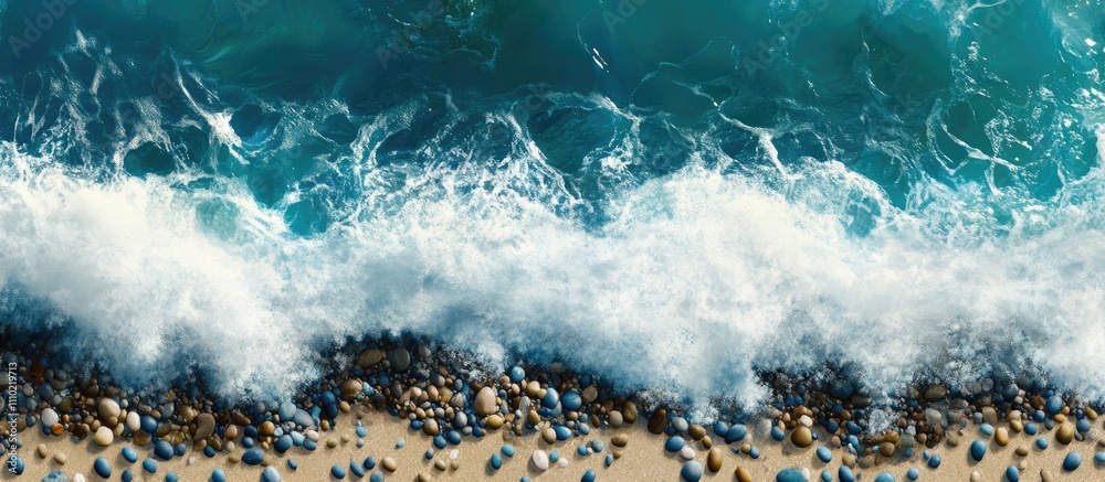 Poster tranquil beach scene with pebbles on shore and gentle waves crashing in turquoise water under bright