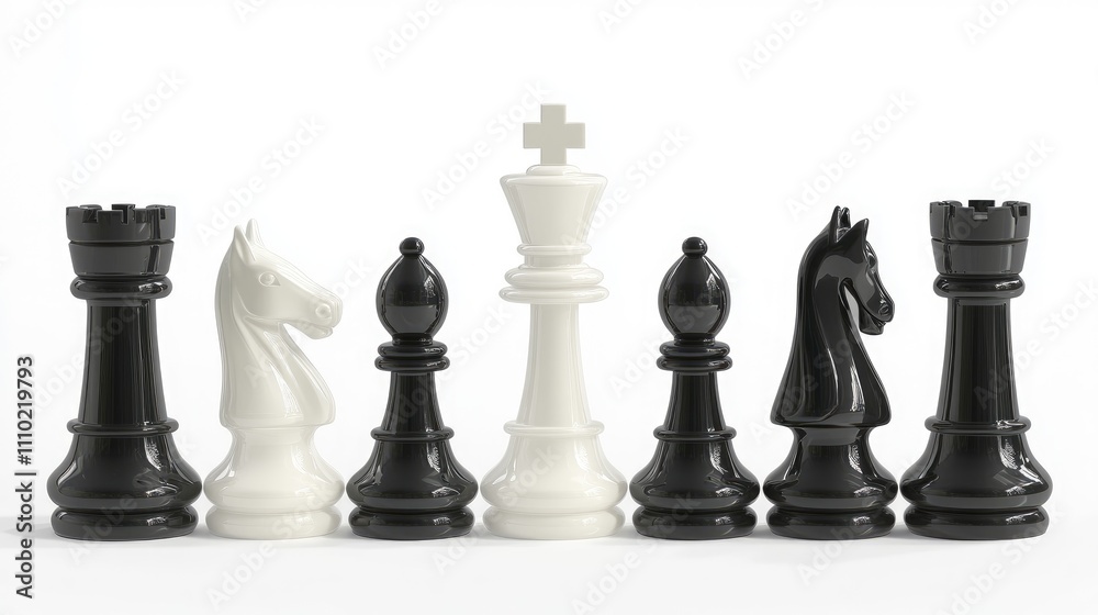 Poster chess pieces displayed on a white background showcasing strategy and competition in a game of intellect and skill