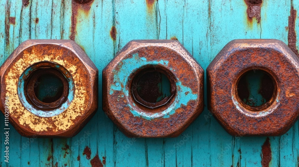 Poster rusty metal nuts on a weathered turquoise wooden background showcasing texture and industrial elemen