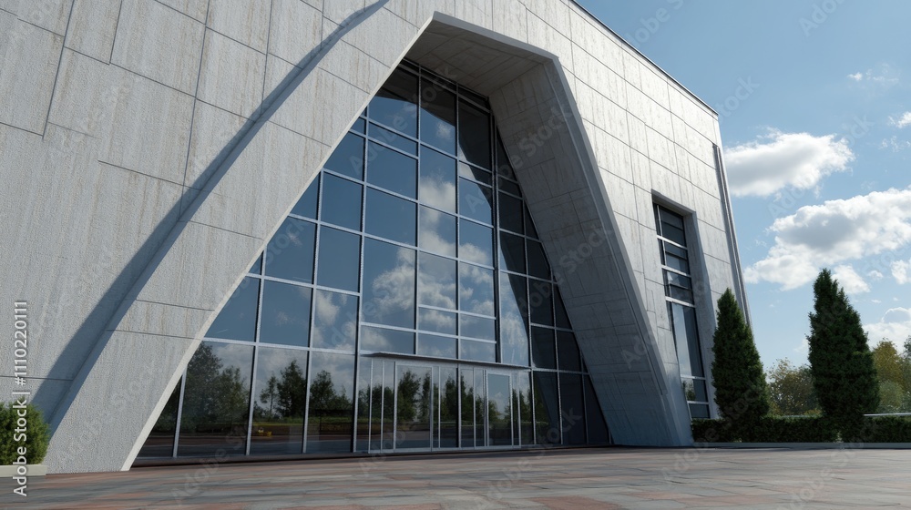 Poster contemporary architectural design of a sleek business center featuring large glass windows and disti