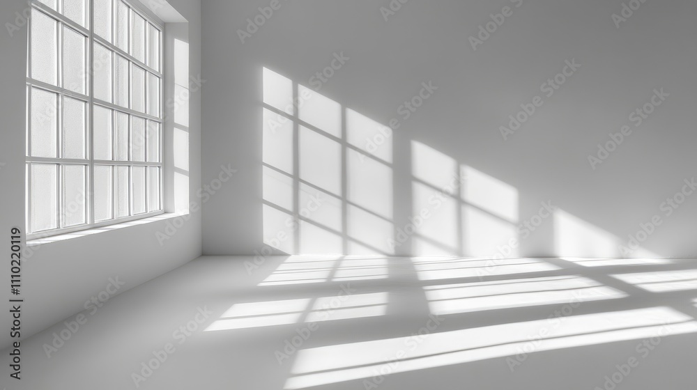 Aufkleber shadows cast by natural light through windows creating artistic patterns on a white wall in a minima