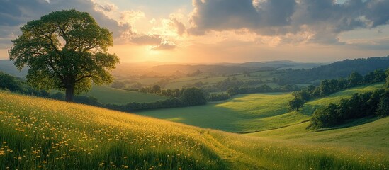 Scenic sunset over lush green valley near Exeter with solitary tree and dramatic clouds in the sky creating a serene landscape atmosphere