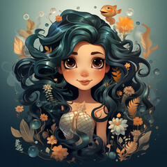 A Young Mermaid Girl Surrounded By Seaweed And Fish. Illustration And Comic Theme Illustration. Generative AI