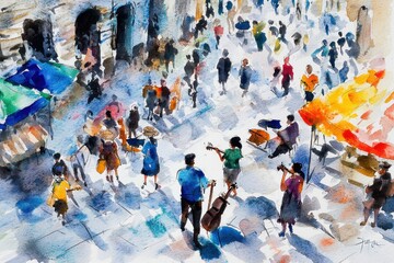 Obraz premium A painting of a busy street with people walking and carrying things