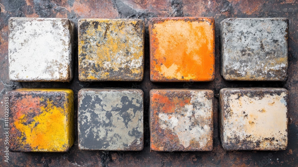 Poster rusty steel square tubes displaying a variety of weathered paint colors including white orange and y