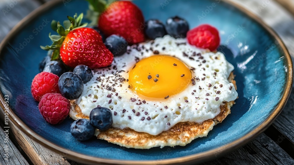 Poster delicious breakfast plate with fried egg topped with fresh berries on rustic wooden table setting
