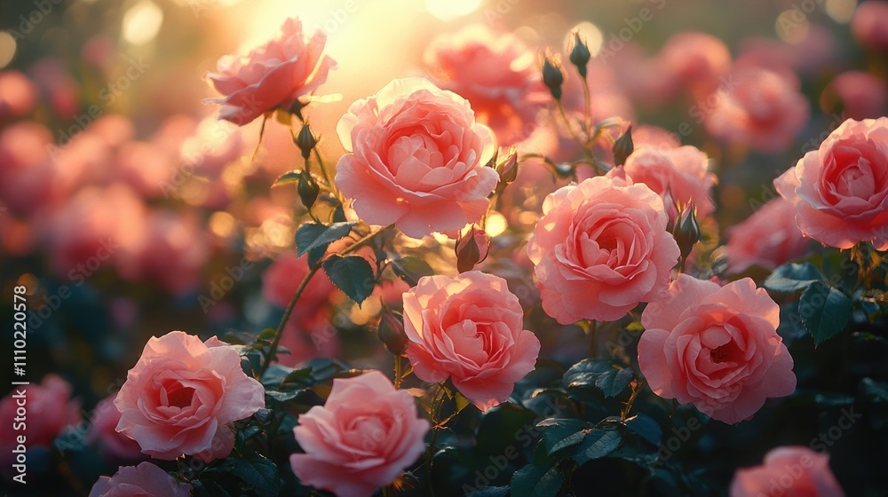 Aufkleber beautiful pink rose blossoms illuminated by sunlight in a serene garden setting with soft bokeh back