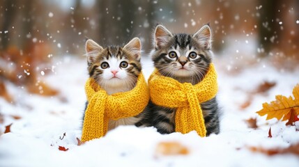 Two adorable striped kittens snuggled in a bright yellow knitted scarf, surrounded by a snowy landscape and autumn leaves, evoking warmth and companionship, pets, winter, cuteness, cozy.