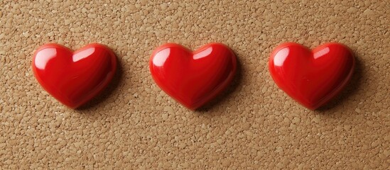 Three shiny red heart notes arranged on a textured cork board creating an inviting and charming visual display for romantic themes
