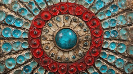 Colorful decorative art piece featuring circular patterns with blue and red elements creating a vibrant visual composition.